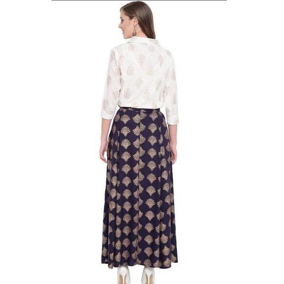 Women's Navy Blue Gold Metallic Geo Print Maxi Skirt A-Line Elegant Boho Resort - Picture 3 of 7